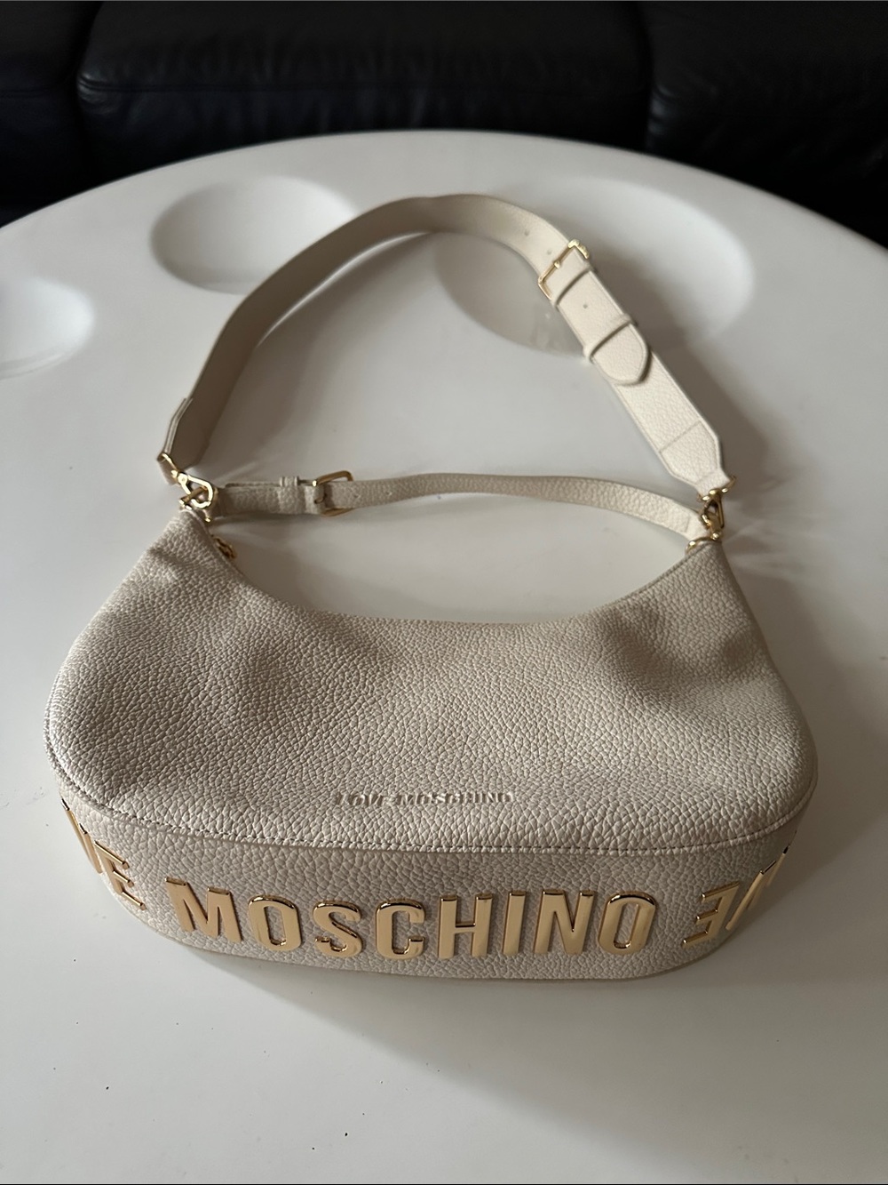 Moschino Beige/Cream Pebbled Leather Shoulder Bag with Gold Logo